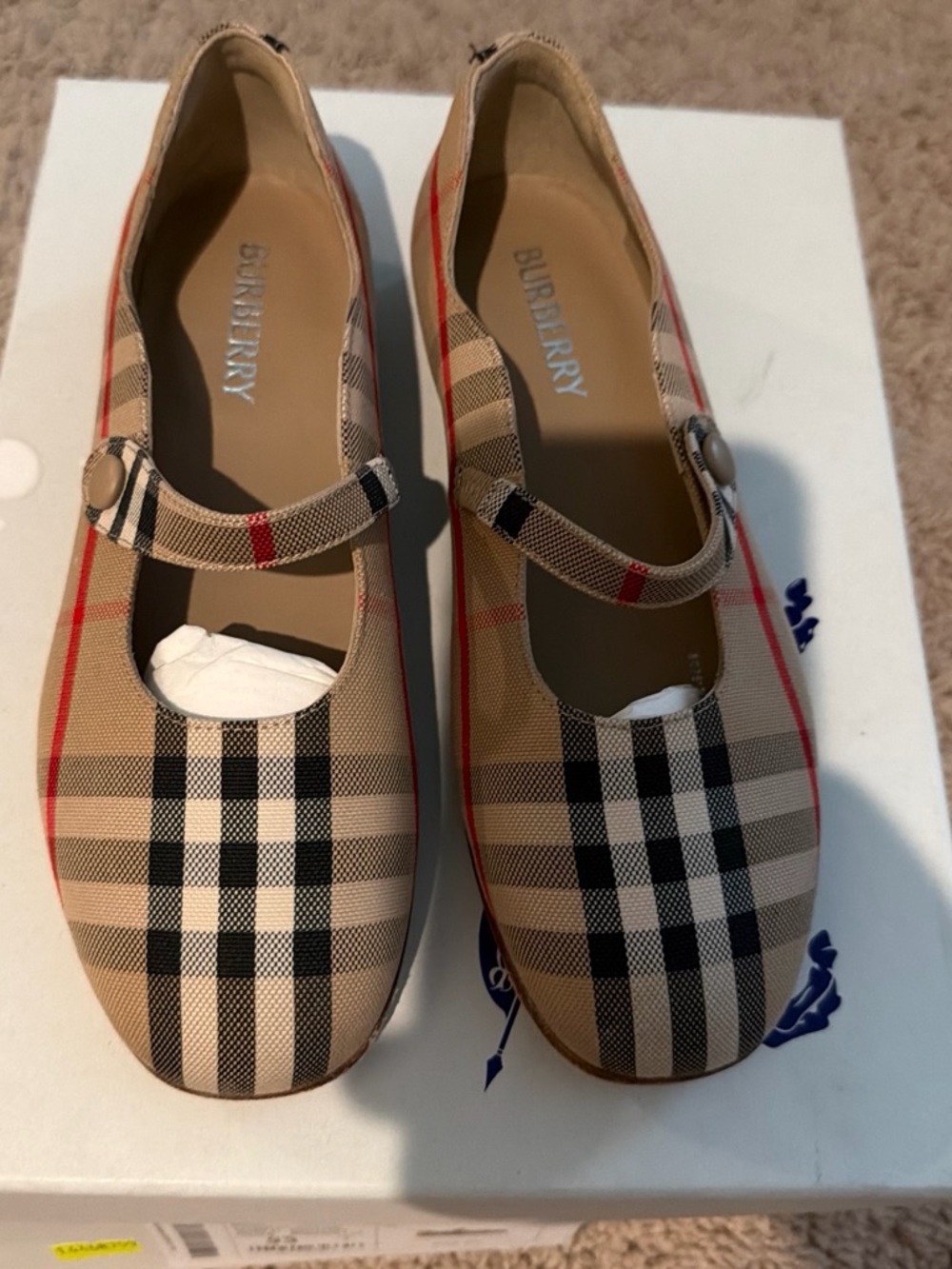 Burberry Tan & Black Plaid Mary Jane Flats with Red Accent